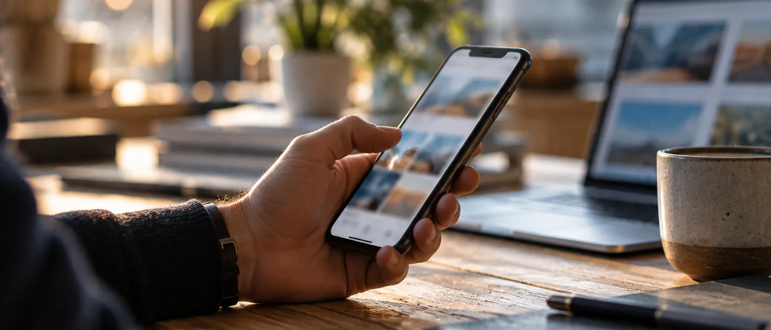 Hand hält ein Telefon vor einem Schreibtisch mit Laptop und Kaffeetasse